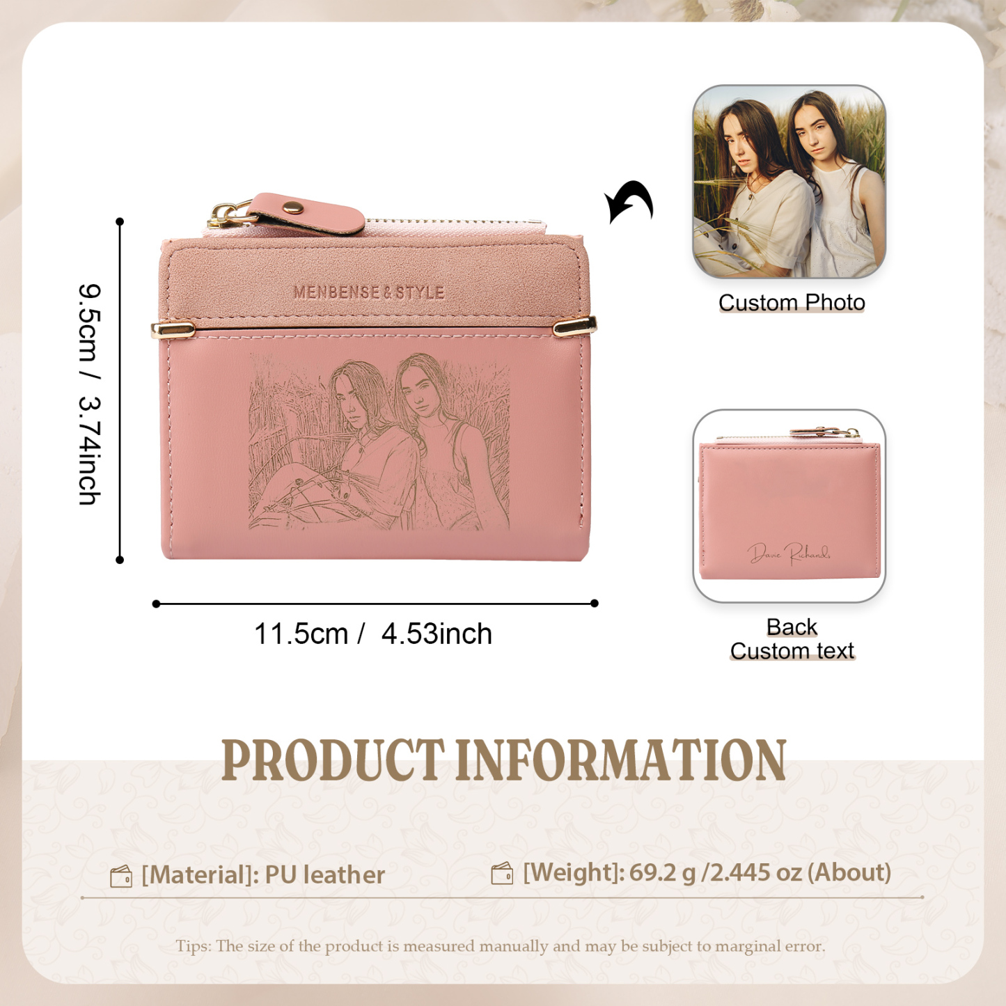 Damen Personalisierter Text & Foto PU Leder Rosa Geldbörse Elegant Portemonnaie mit Reißverschluss