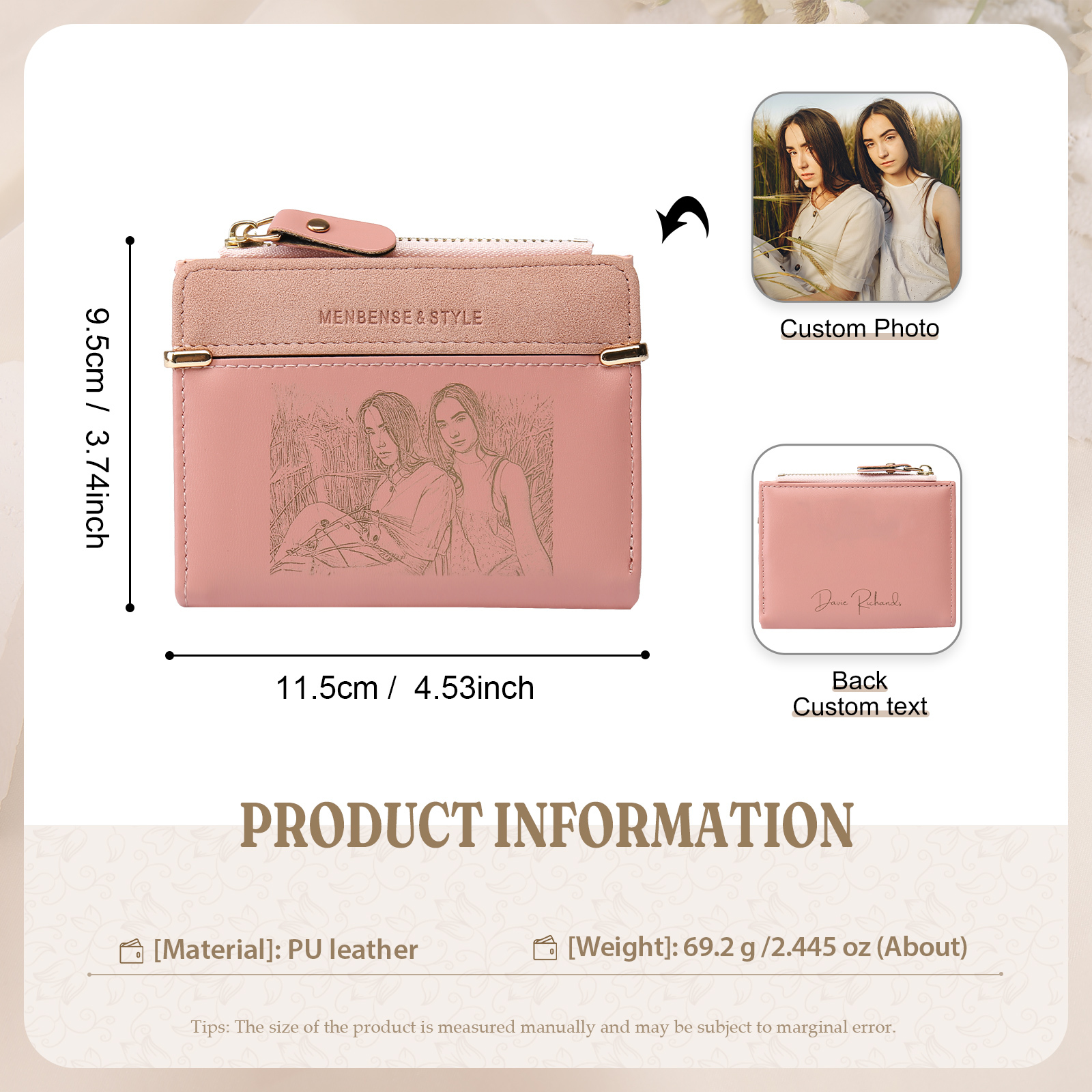 Damen Personalisierter Text & Foto PU Leder Rosa Geldbörse Elegant Portemonnaie mit Reißverschluss