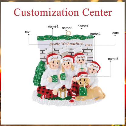 Holz Personalisierte 5 Namen & Jahr & Text Kamin Weihnachtsornament Weihnachtsbaum Anhänger mit 4 Familienmitgliedern und 1 Hund