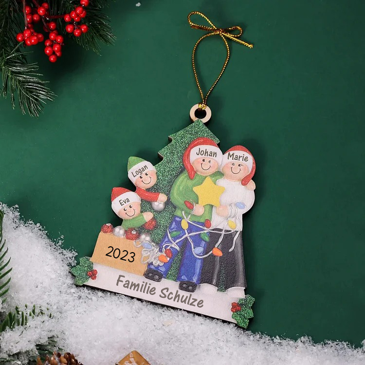 Holz Personalisiertes 4 Namen & Text  & Jahr Weihnachtsornament Weihnachtsbaum Anhänger mit 4 Familienmitgliedern