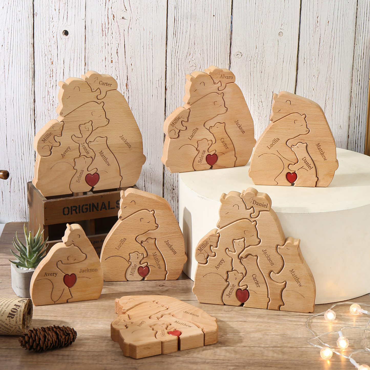Holzskulptur-Personalisierte 6 Namen Bär Umarmung Familie Holz Deko