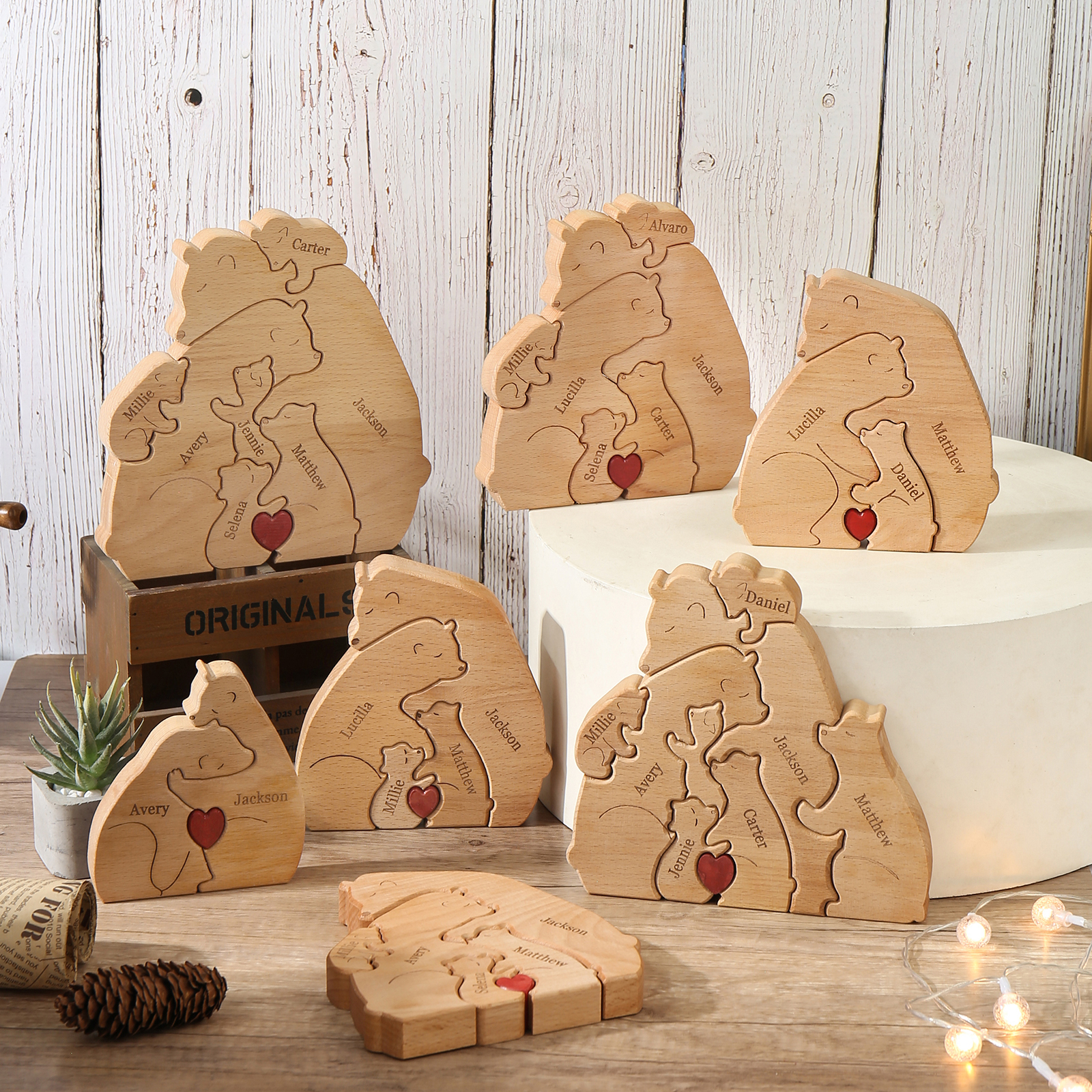 Holzskulptur-Personalisierte 3 Namen Bär Umarmung Familie Holz Deko