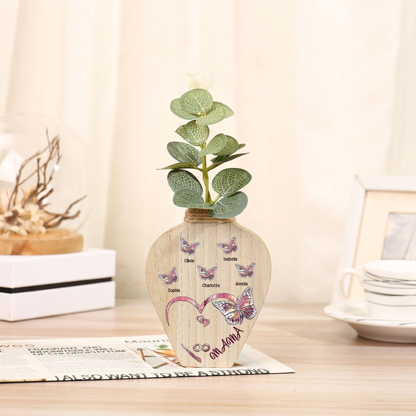 Holz Personalisierter 5 Namen & Text Lila Schmetterling Vase