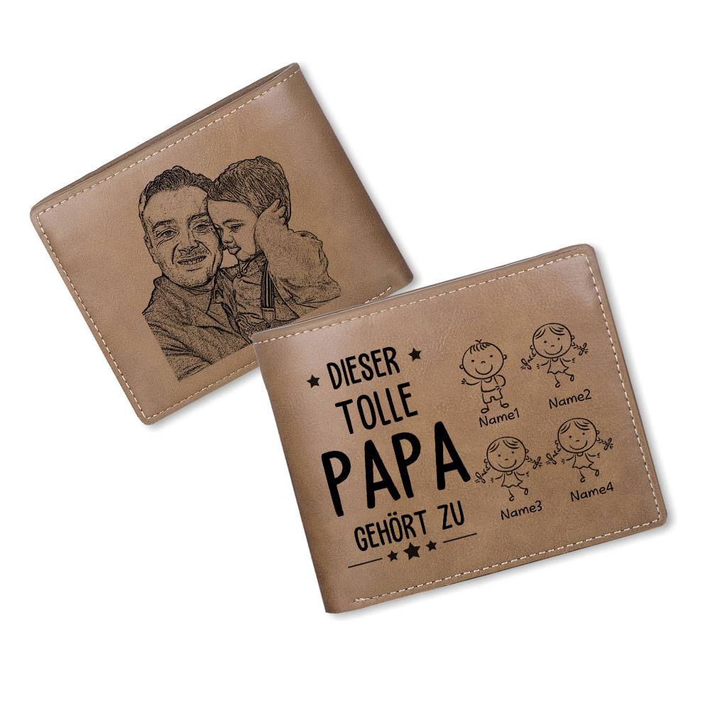 Personalisierte 4 Namen & Foto-Dieser tolle Papa gehört  PU Leder Kurze Geldbörse für Vater