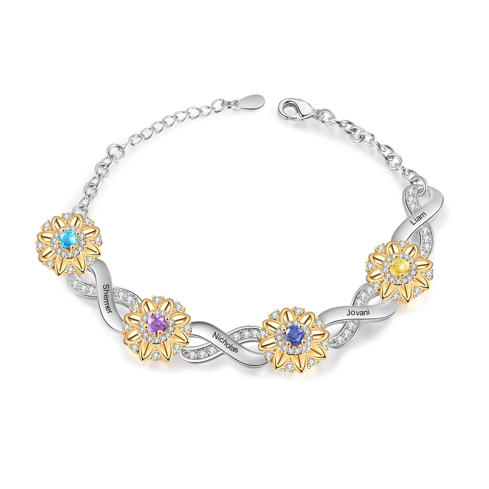 Personalisierte 4 Namen & 4 Geburtssteine Sonnenblume Infinity Armband mit Zirkonia
