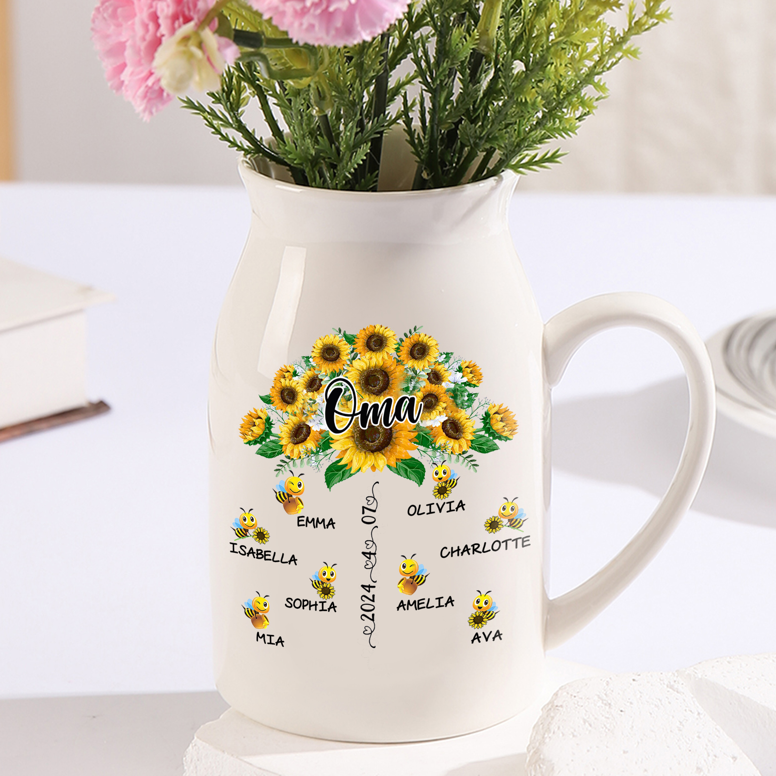 Personalisierte 8 Namen & Text & Datum Sonnenblume & Biene Familie Vase
