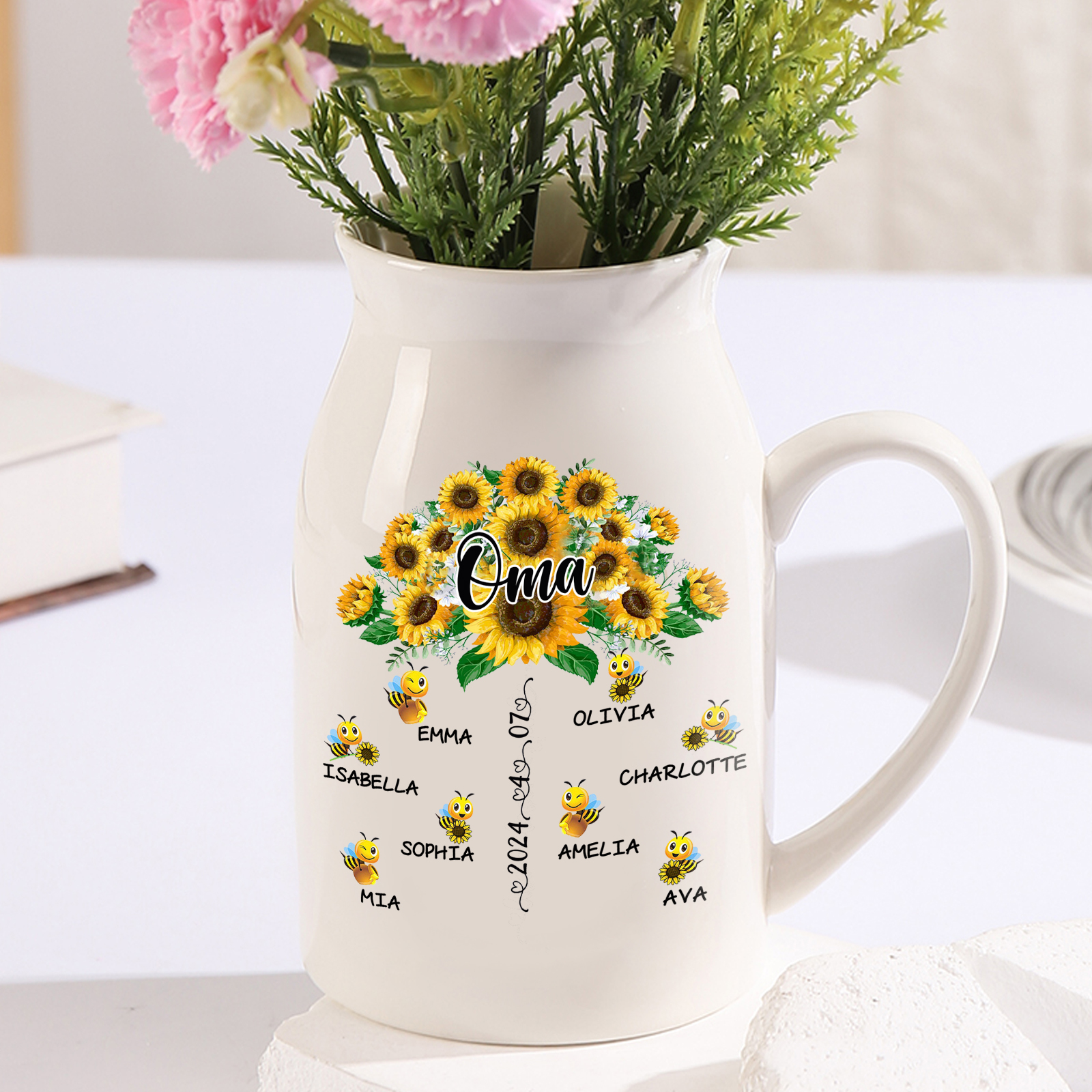 Personalisierte 8 Namen & Text & Datum Sonnenblume & Biene Familie Vase