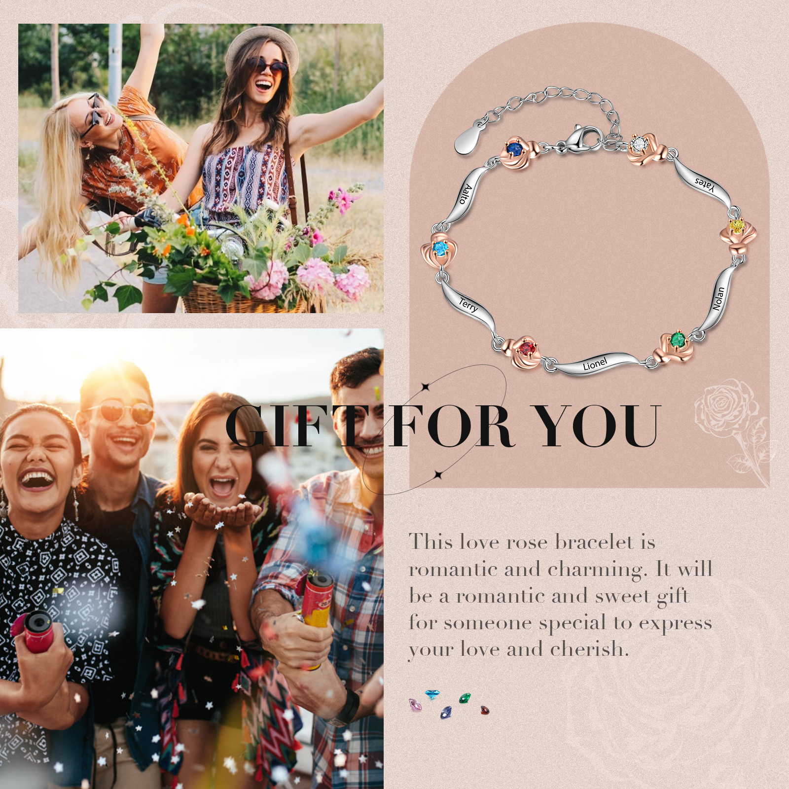 Personalisierte Rose Armband mit 5 Namen und 5 Geburtssteine Graviert