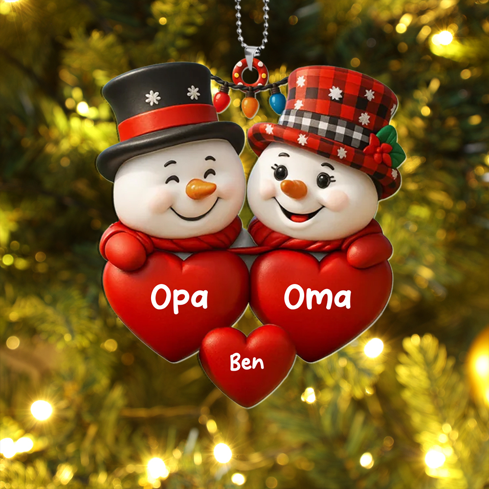 Personalisiertes Schneemann-Ornament mit Gnom für den Weihnachtsbaum – Opa & Oma – mit Namen der Enkel, Geschenk für Großeltern