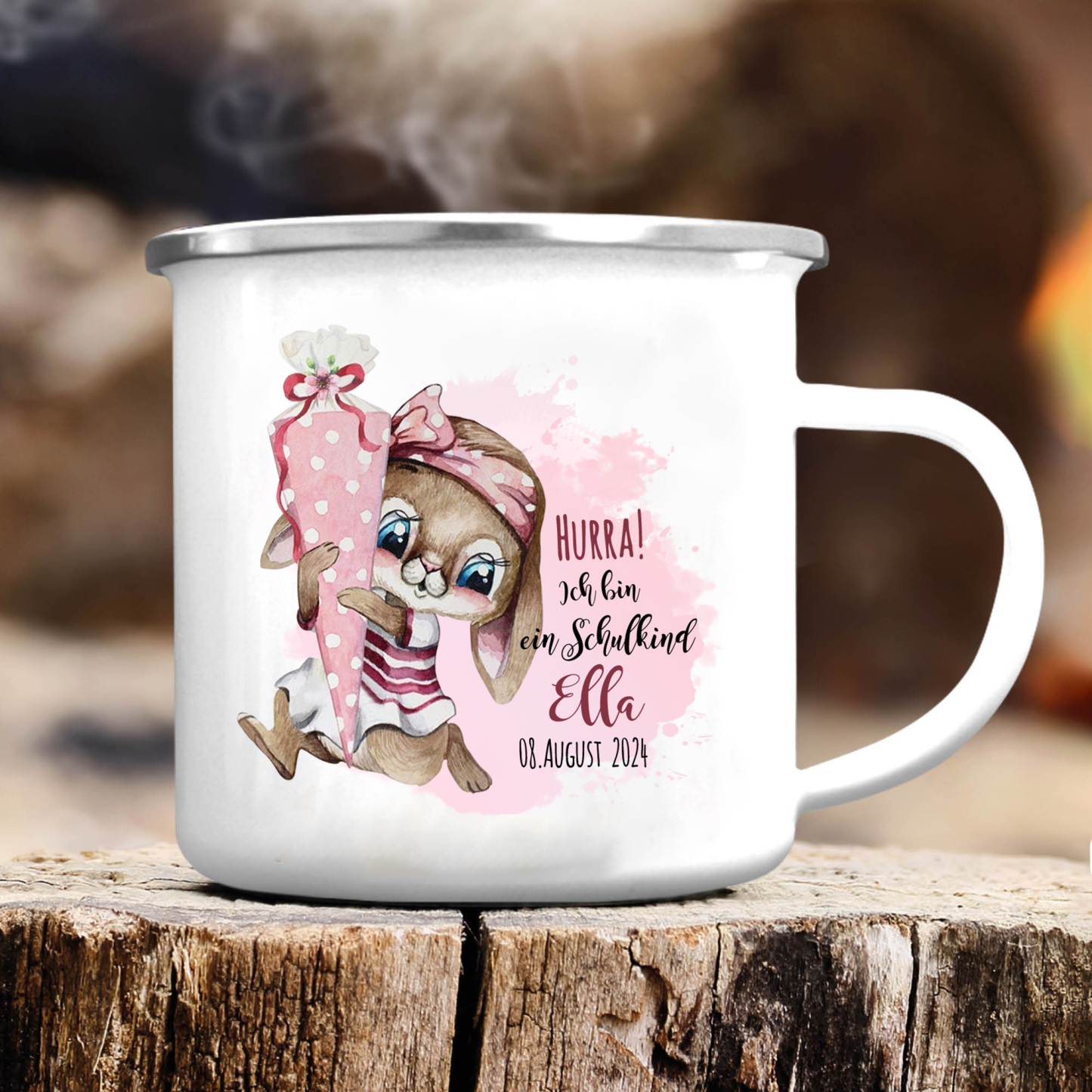 Schulanfang Geschenkset-Personalisierter Name & Datum Hase Emaille Tasse & Personalisierter Name Stifteetui & 3 Gummiband Armbänder Set - Geschenk für Schulkind mit Geschenk Box