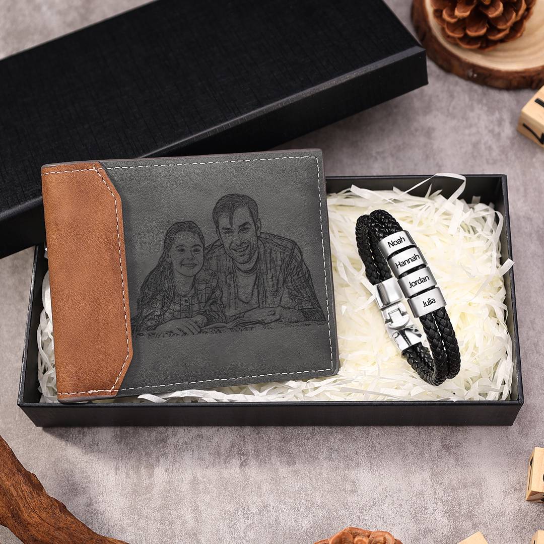 Personalisiertes Foto & Name & Buchstabe Geldbörse & 4 Namen Armband Geschenkpackung Geschenkbox set für Opa