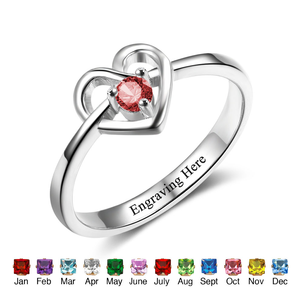 Personalisierter herzförmiger Ring mit 1 Geburtstagsstein und 1 Text