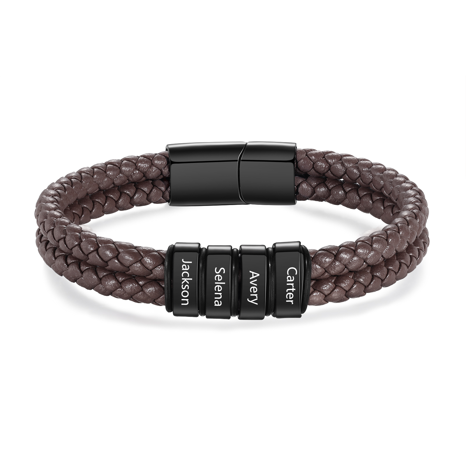 Herren Personalisierte 4 Namen Edelstahl Perle Braun Doppellagiges geflochtenes Leder Armband