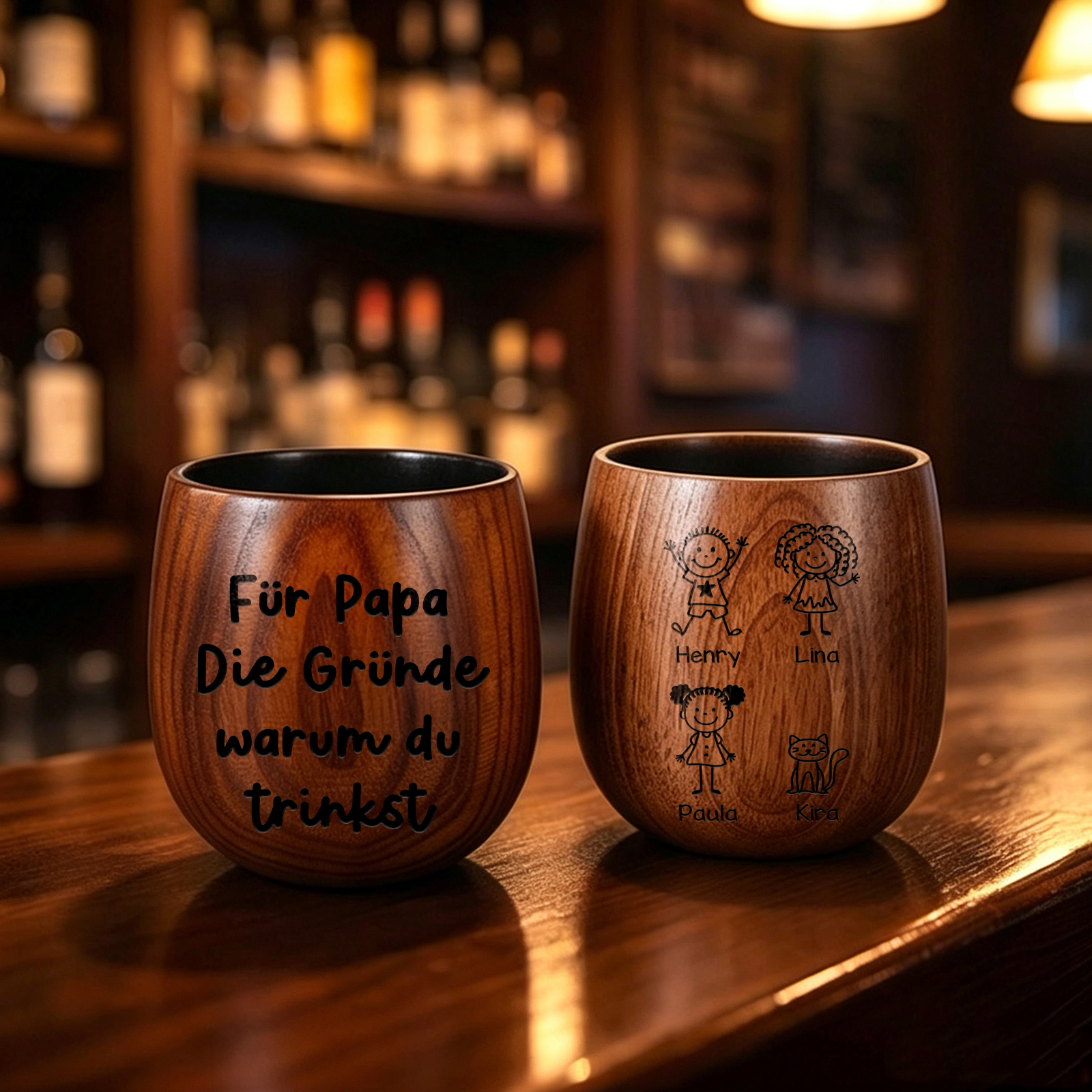 Personalisierter Whiskybecher aus Holz mit 1–8 Kindernamen graviert