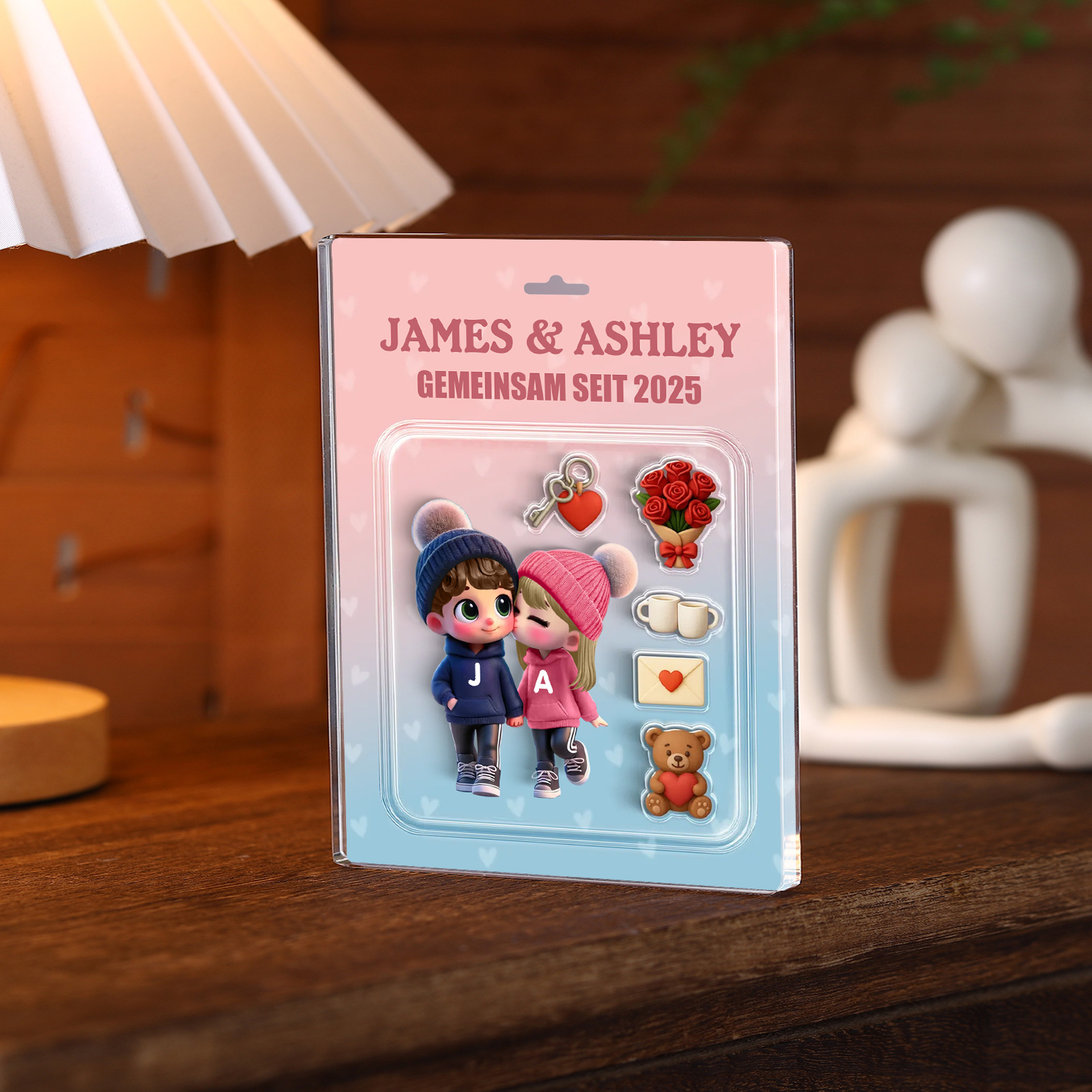 Personalisierter 3D-Acrylblock – Chibi-Paar, Figuren personalisierbar und „Gemeinsam seit + Jahr“