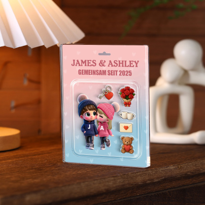 Personalisierter 3D-Acrylblock – Chibi-Paar, Figuren personalisierbar und „Gemeinsam seit + Jahr“