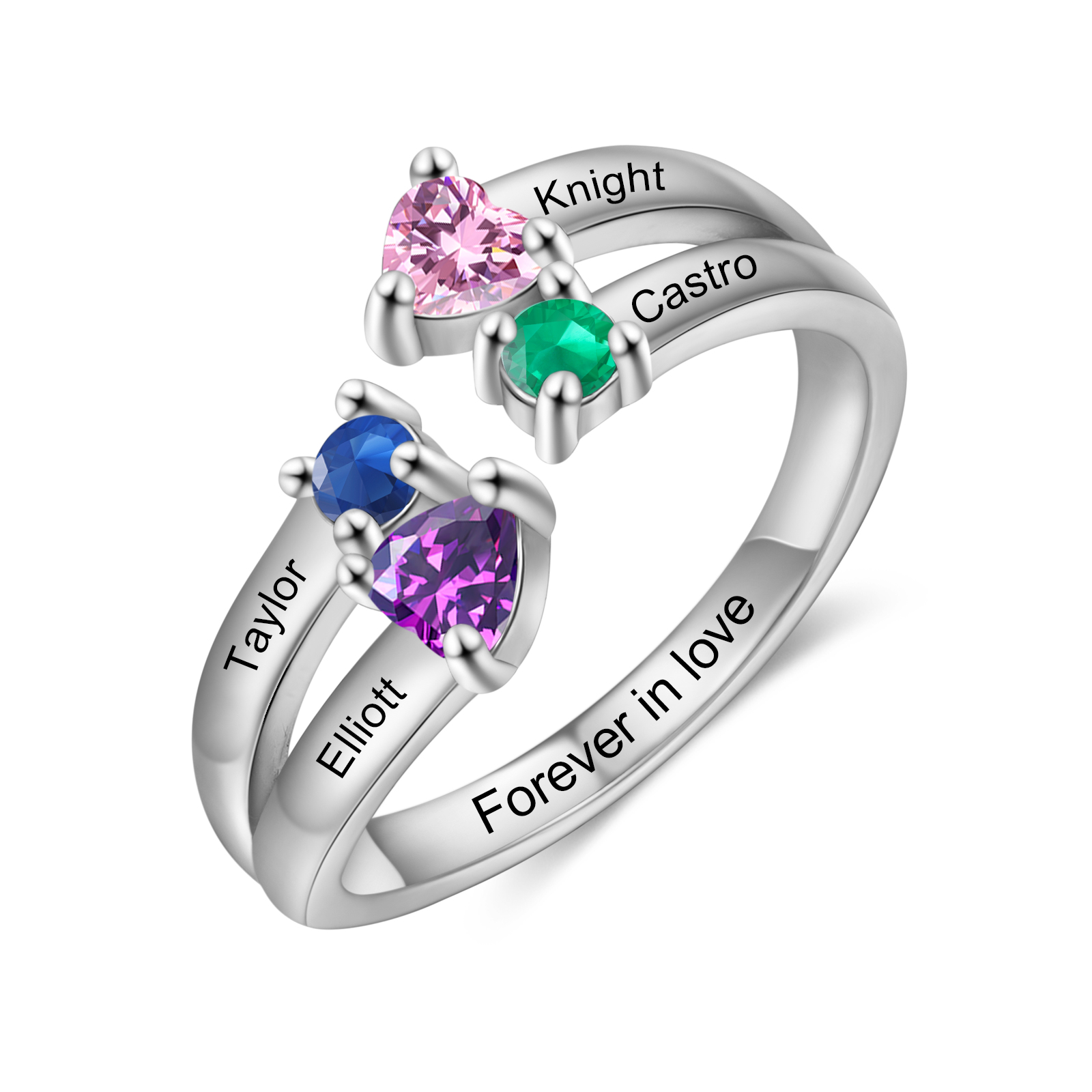 Personalisierte 4 Namen & 4 Geburtssteine & Text Offener Ring mit Zirkonia