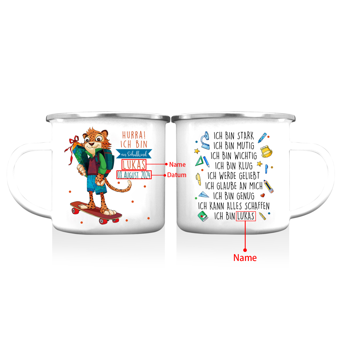 Emaille Tasse-Personalisierter Name & Datum Tiger Becher - Hurra ich bin ein Schulkind Ich kann alles schaffen - Geschenk zum Schulanfang