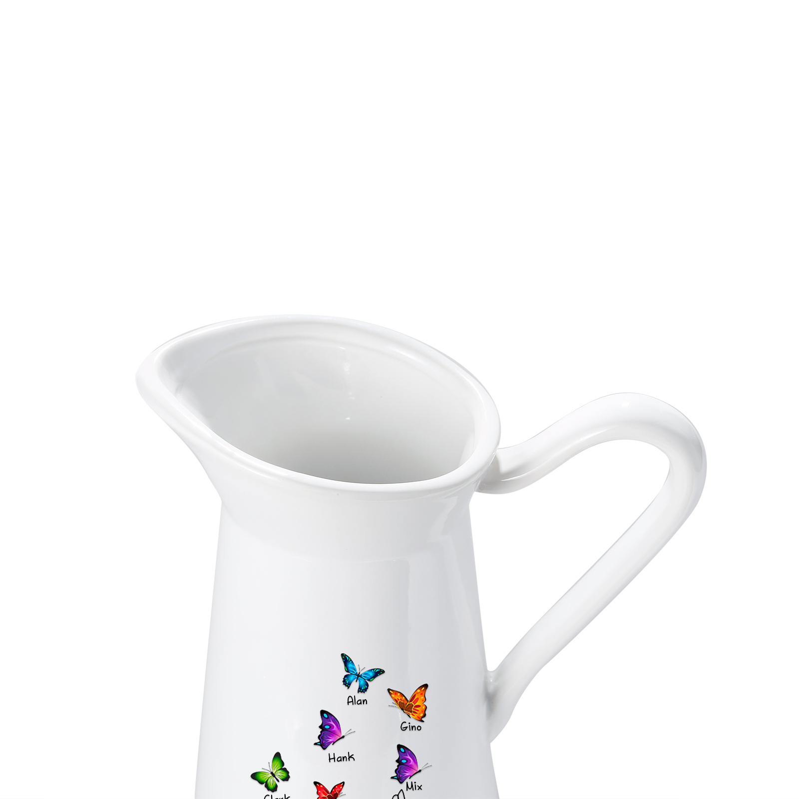 Personalisierte 6 Namen & Text Schmetterling in der Hand Gießvase mit Henkel Familie Vase
