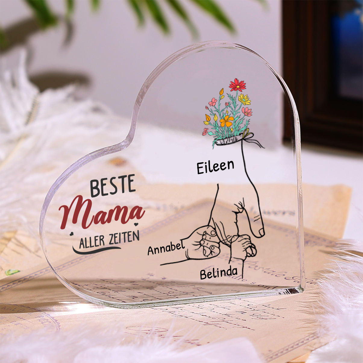 Personalisierte 2-7 Namen Blume Hand Acryl-Deko -Beste Mama aller Zeiten- Schreibtischdekoration für Mutter