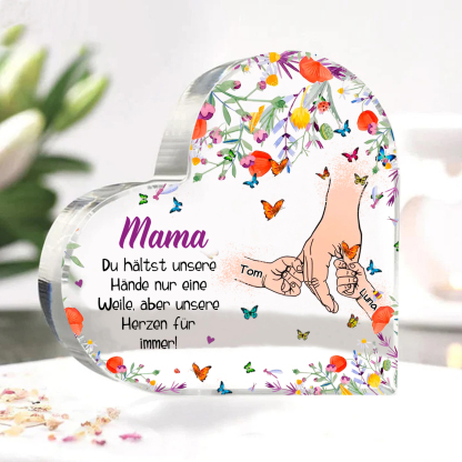 Personalisierte 2 Namen Herz Acryl-Deko -Mama Du hältst mein Hand nur eine Weile, aber unsere Herzen für immer- Schreibtischdekoration für Mutter