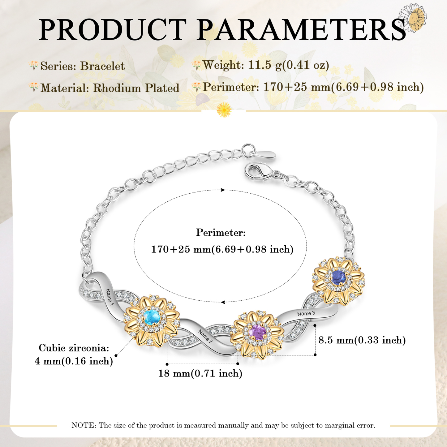 Personalisierte 3 Namen & 3 Geburtssteine Sonnenblume Infinity Armband mit Zirkonia