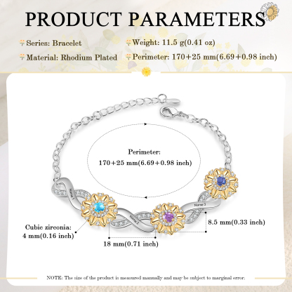 Personalisierte 3 Namen & 3 Geburtssteine Sonnenblume Infinity Armband mit Zirkonia
