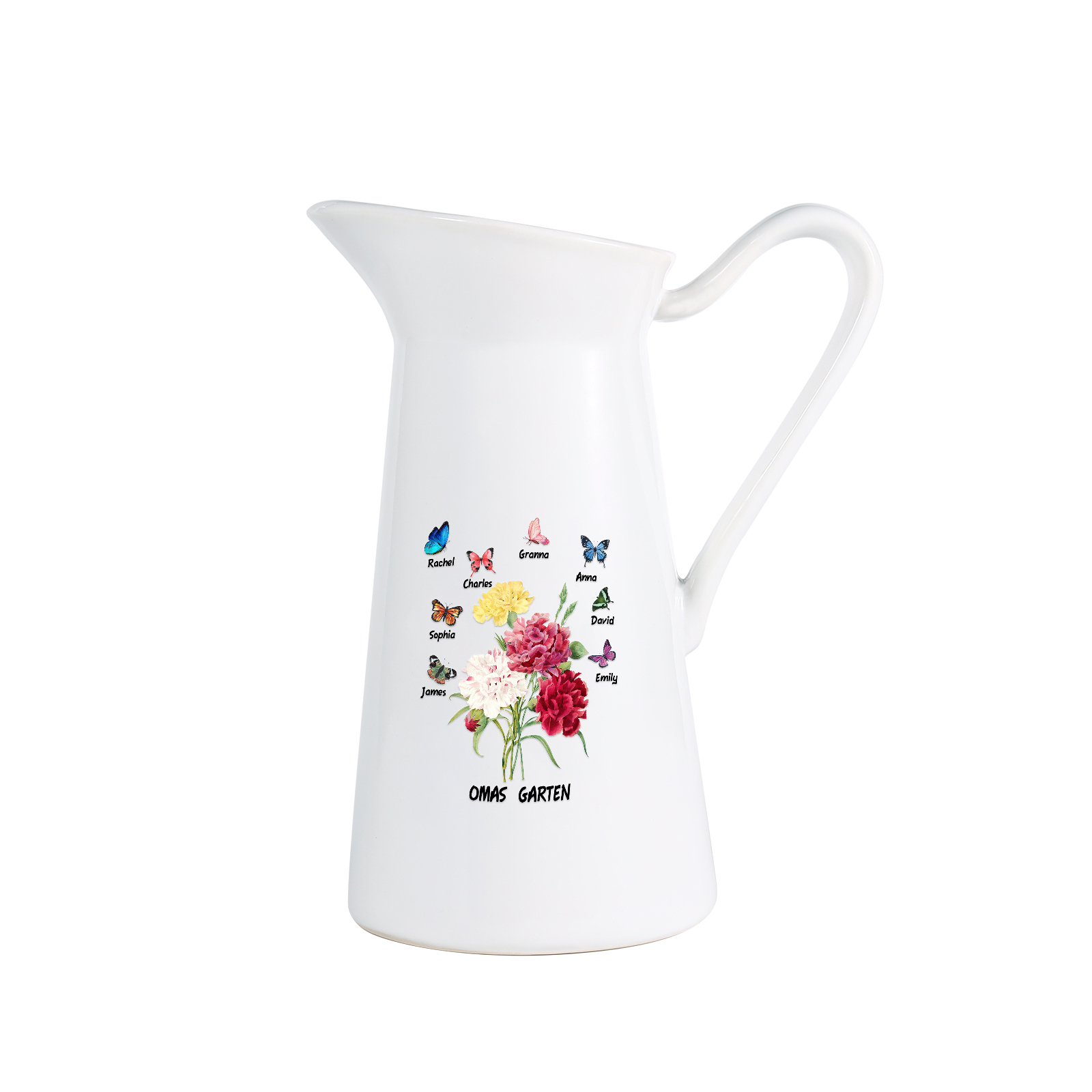 Personalisierte 8 Namen & Text Blumen & Schmetterling Gießvase mit Henkel Familie Vase