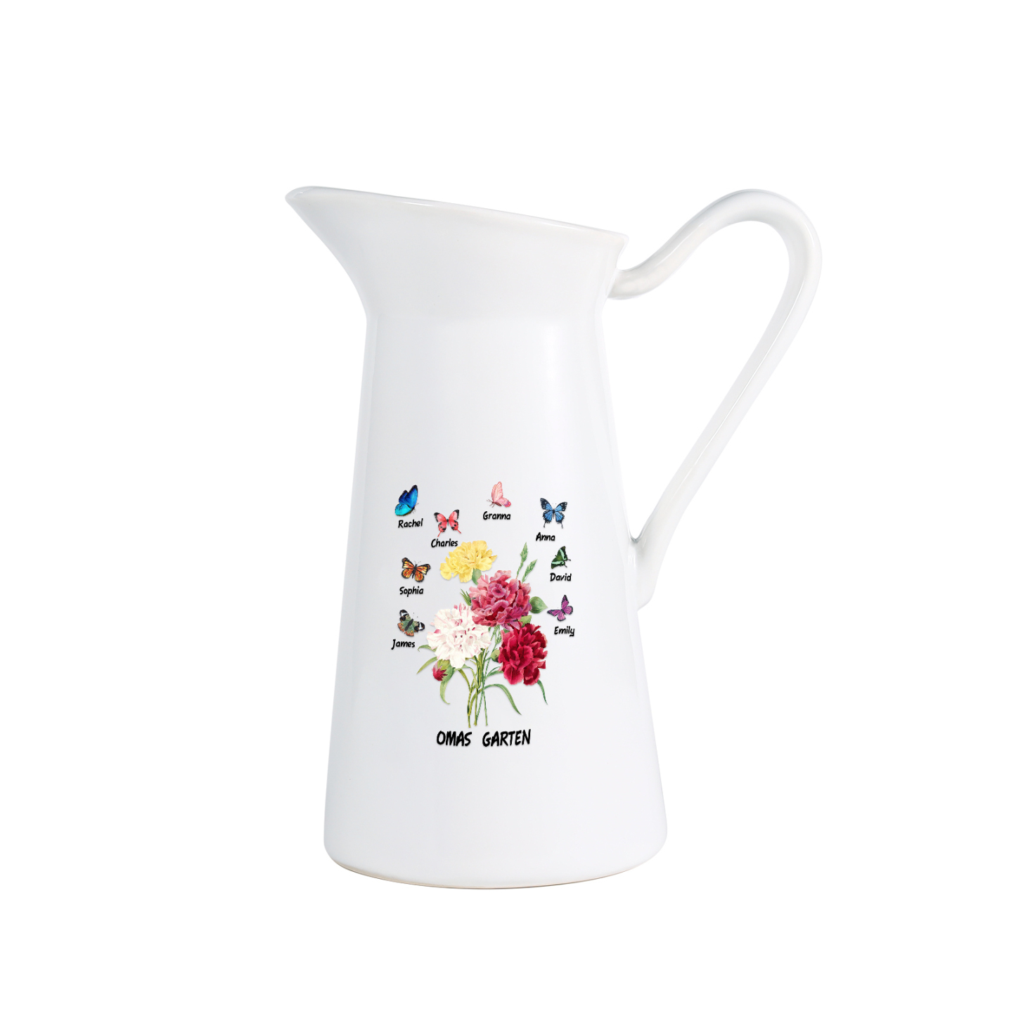 Personalisierte 8 Namen & Text Blumen & Schmetterling Gießvase mit Henkel Familie Vase