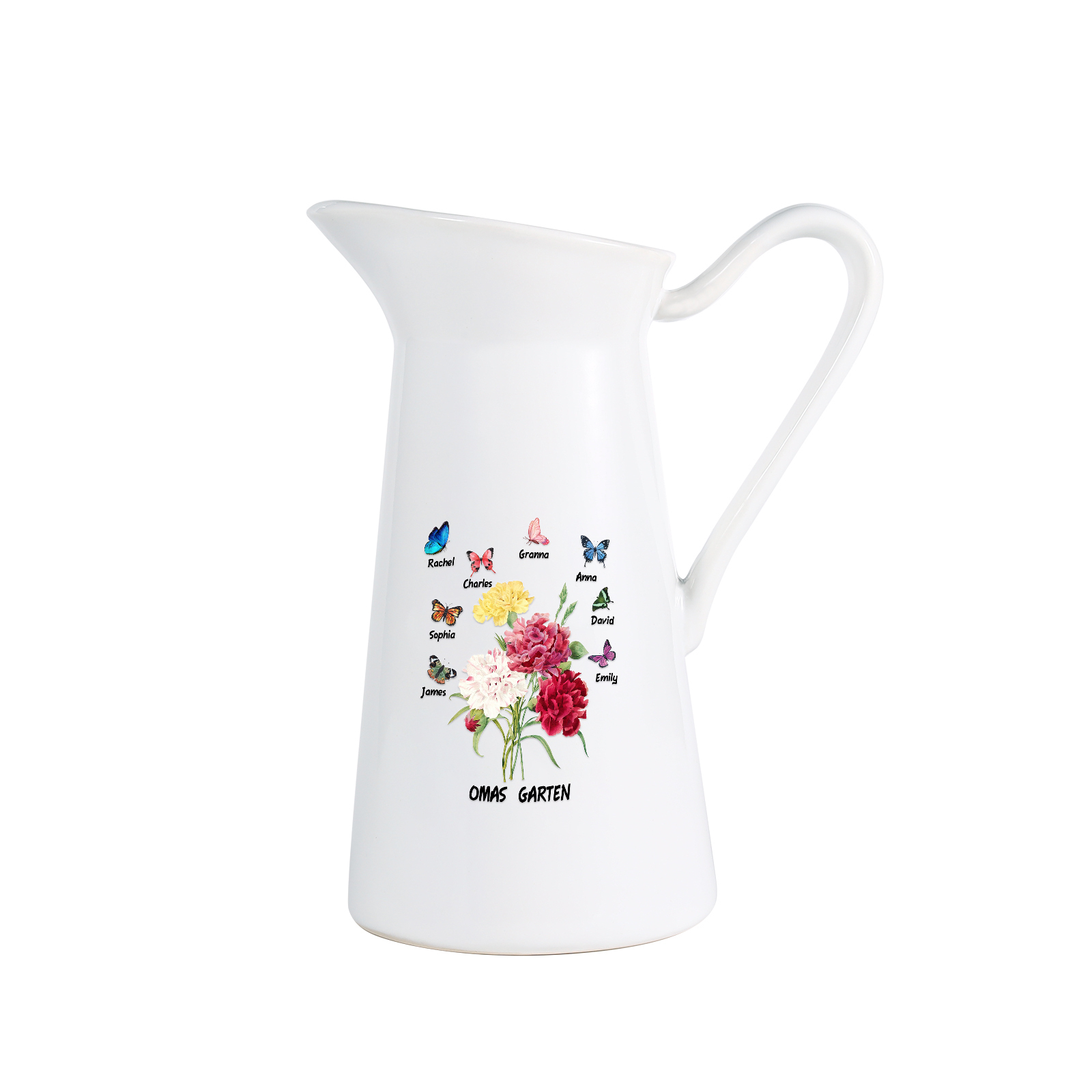 Personalisierte 8 Namen & Text Blumen & Schmetterling Gießvase mit Henkel Familie Vase