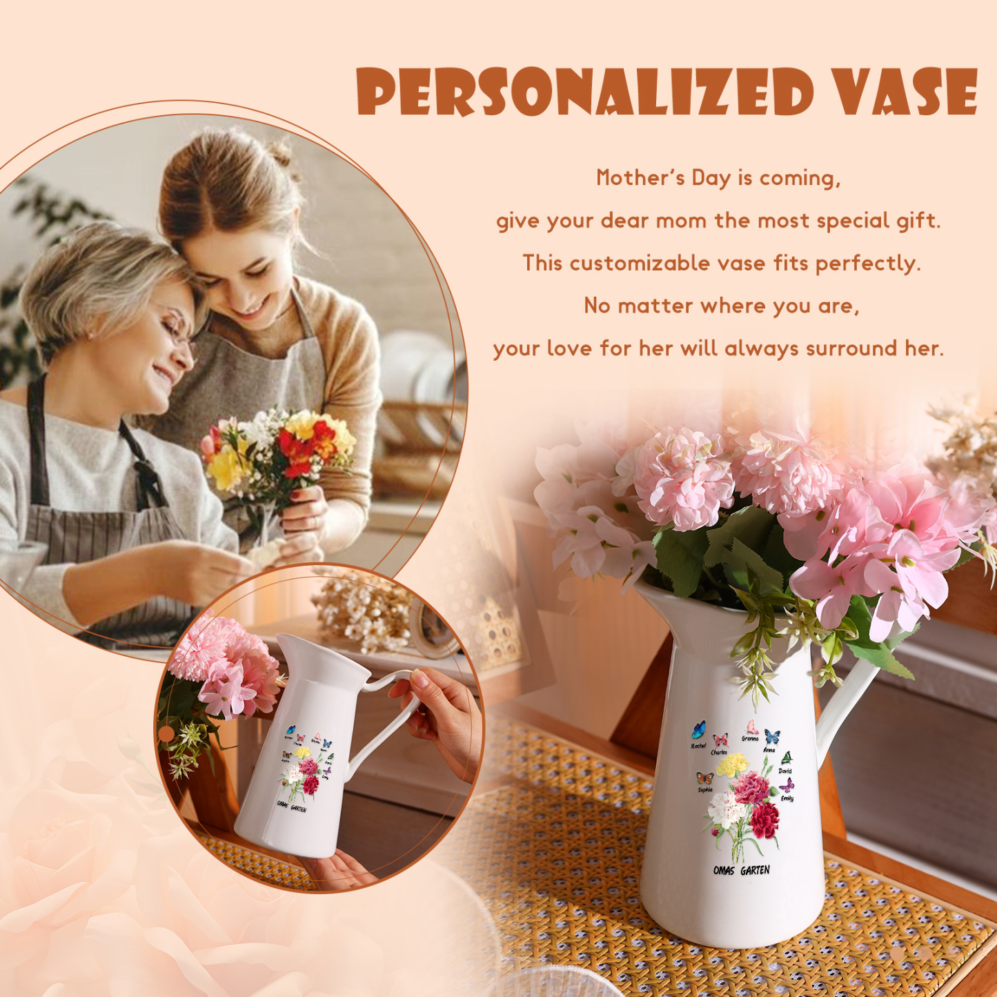 Personalisierte 7 Namen & Text Blumen & Schmetterling Gießvase mit Henkel Familie Vase
