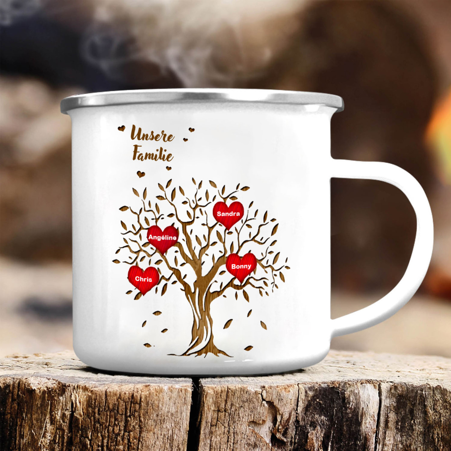 Emaile Tasse-Personalisierte 4 Namen & Text Familienstammbaum Emaille Becher