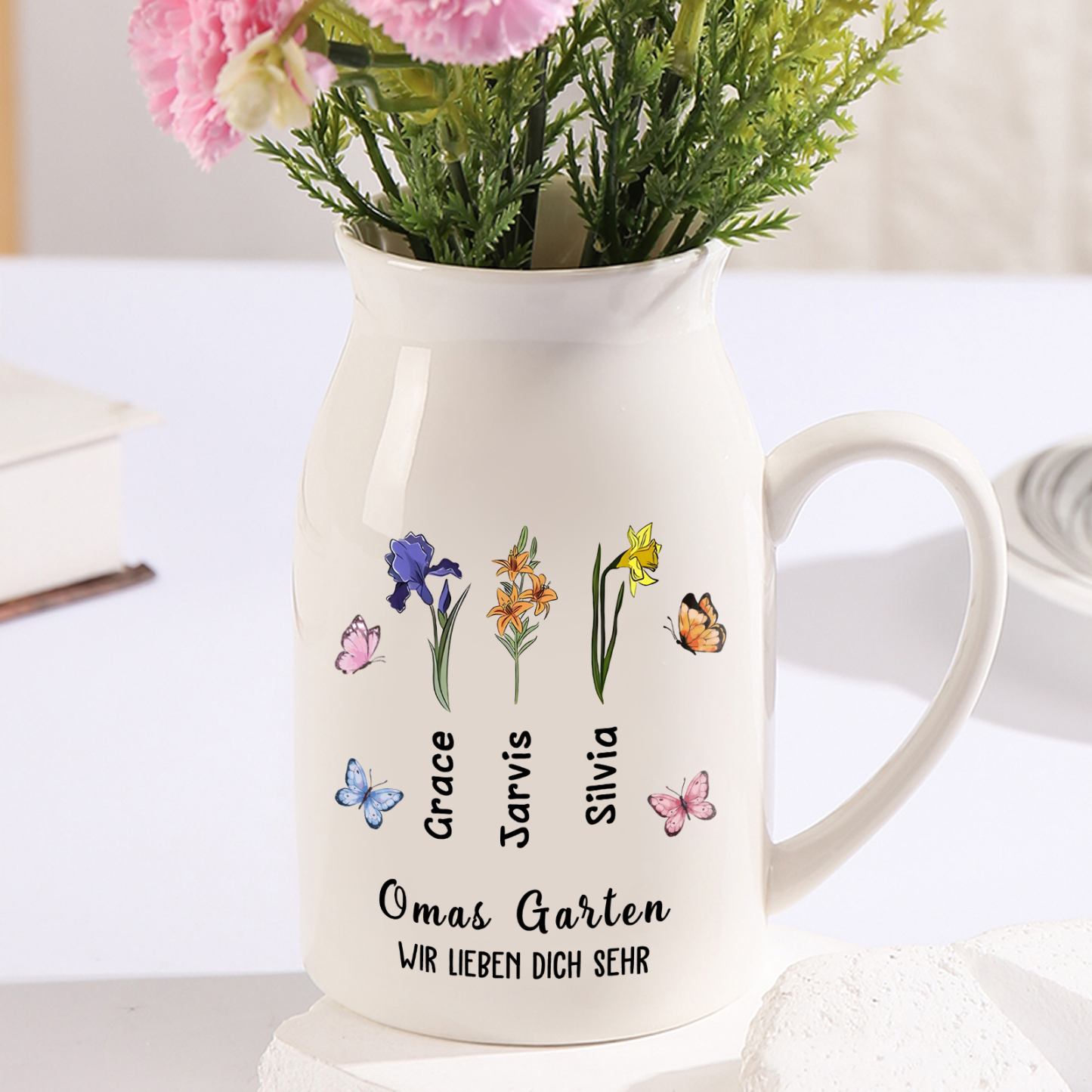 Personalisierte 2 Texte & 3 Namen & Geburtsblumen Familie Vase