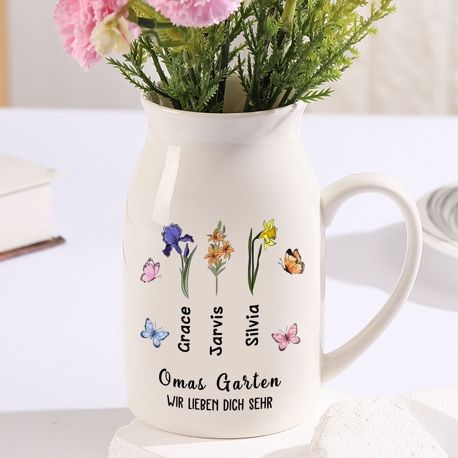 Personalisierte 2 Texte & 3 Namen & Geburtsblumen Familie Vase