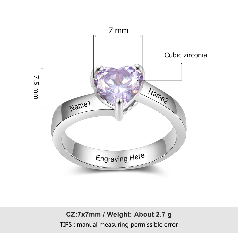 925 Sterling Silber Ring mit 2 Namen und 1 Geburtsstein mit Gravuren