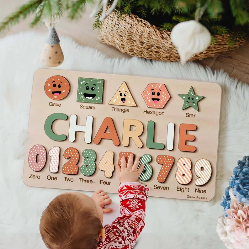 Personalisiertes Name Ziffer & Geometrie Holz Puzzle Geschenk für Vorschulkinder