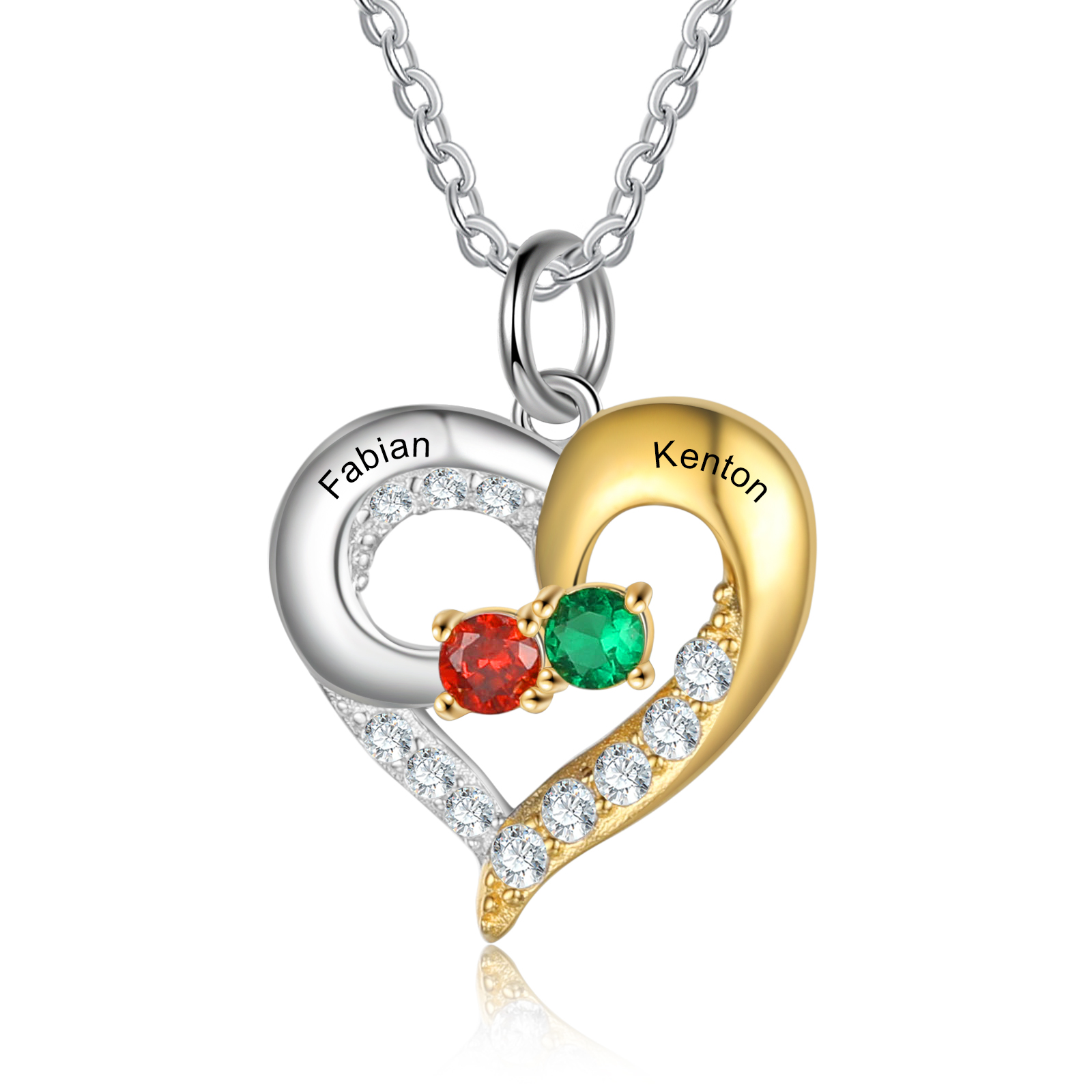 S925 Silber Gravur 2 Namen Herz Halskette mit 2 Geburtssteinen