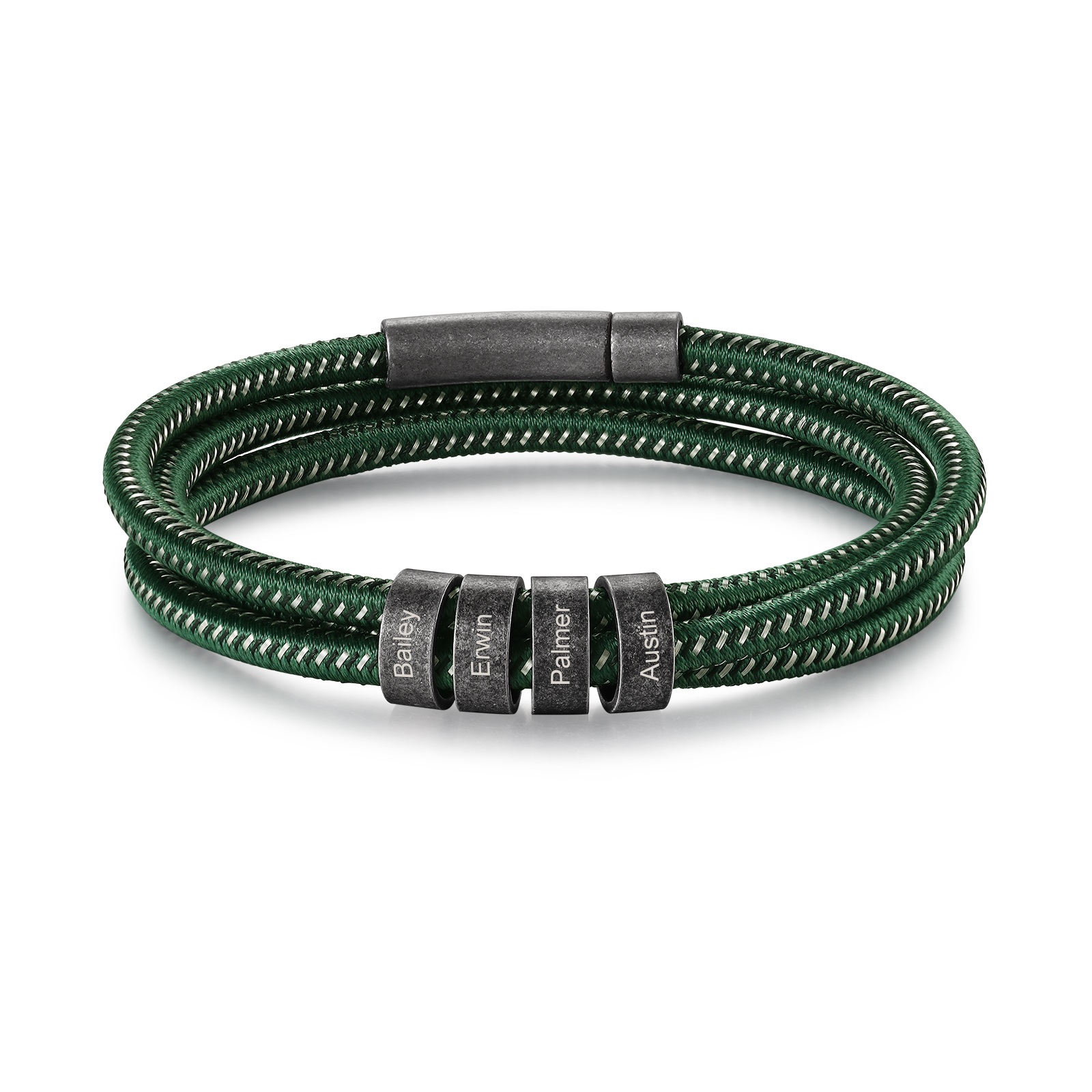 Herren Schmuck-Personalisierte 4 Namen Vintage Edelstahl Perlen Armband mit Grün Nylon Kette
