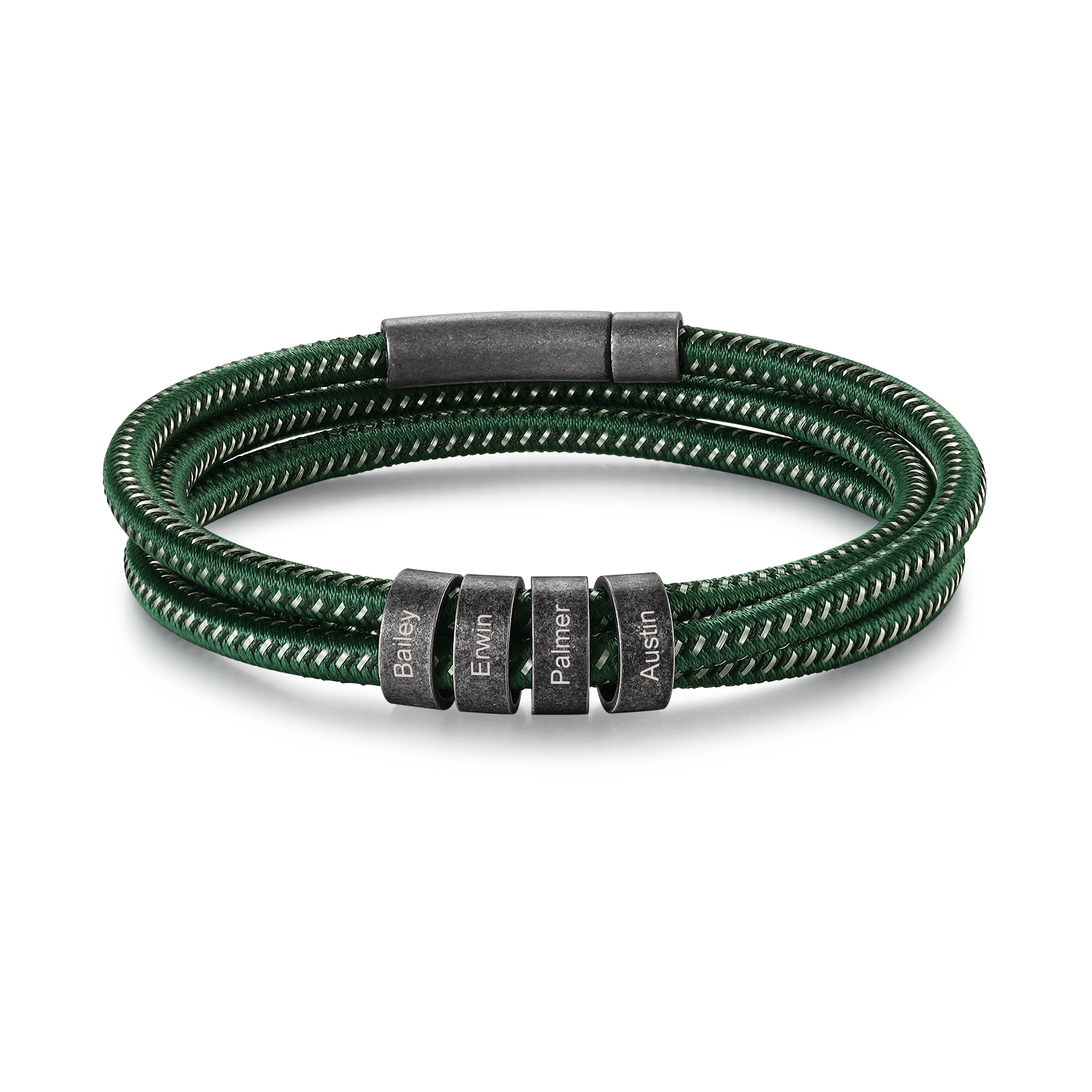 Herren Schmuck-Personalisierte 4 Namen Vintage Edelstahl Perlen Armband mit Grün Nylon Kette