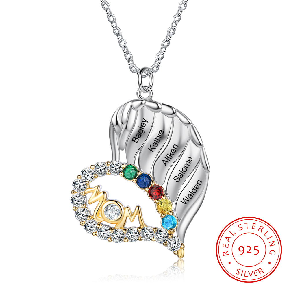 S925 Silber Gravur 5 Namen "MOM" Herz Halskette mit 5 Geburtssteinen