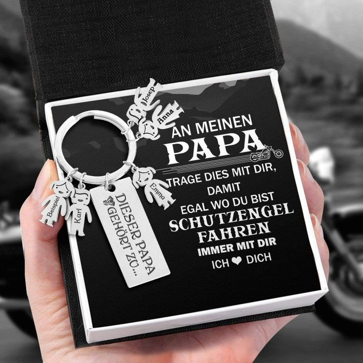 Personalisierter 5 Kinder Namen Schlüsselanhänger - Motorradfahrer - An Meinen Papa - Geschenkkarte Set