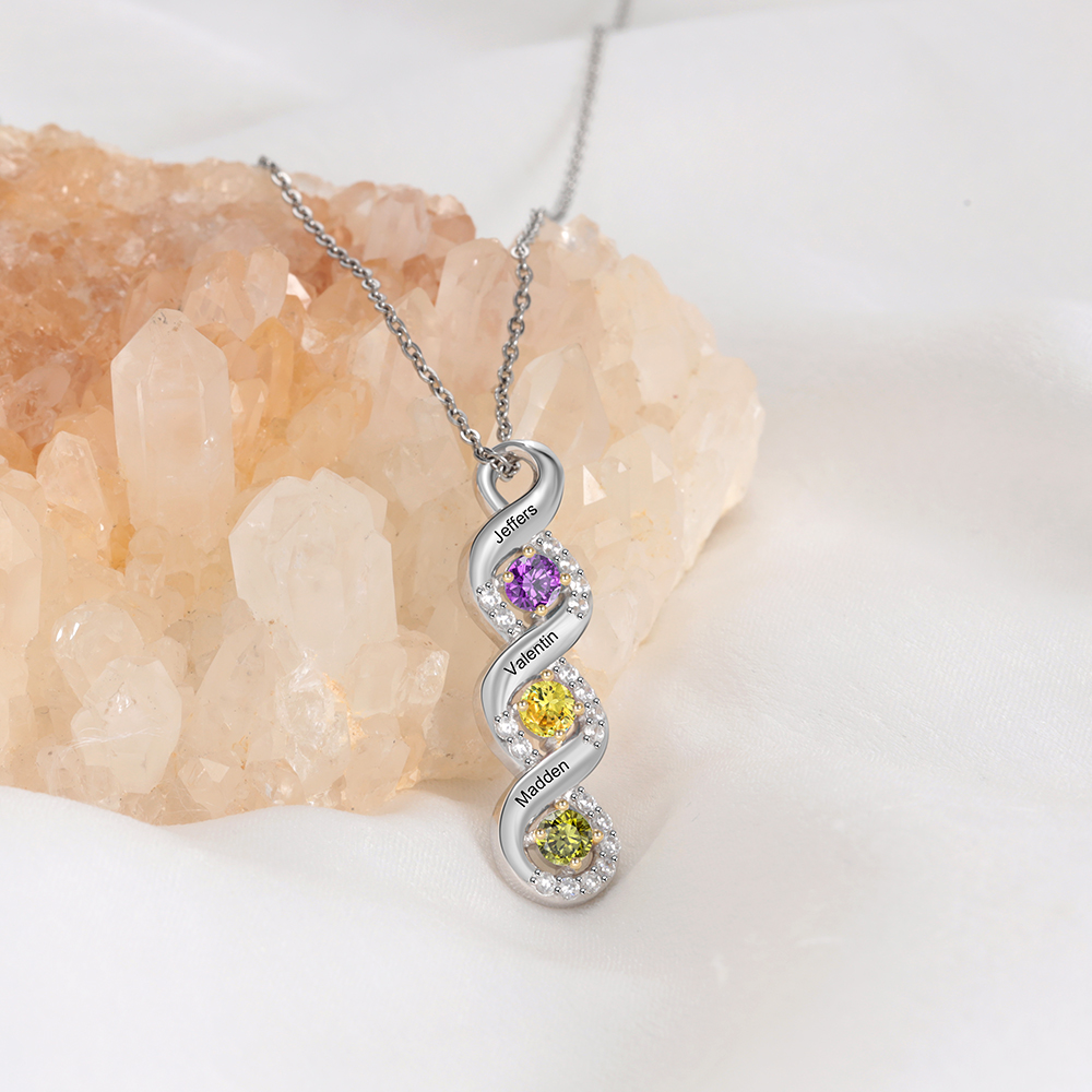 S925 Silber Gravur 3 Namen Infinity Halskette mit 3 Geburtssteinen