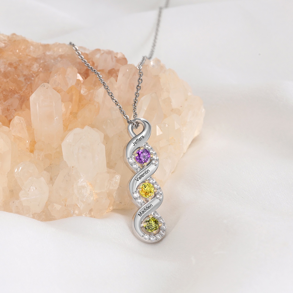 S925 Silber Gravur 3 Namen Infinity Halskette mit 3 Geburtssteinen