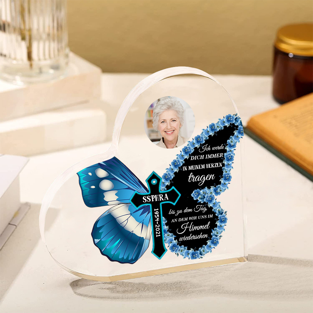 Personalisiertes Foto & Name & Jahr Acryl-Deko-Ich werde dich immer im Herzen tragen-Trauer Schreibtischdekoration