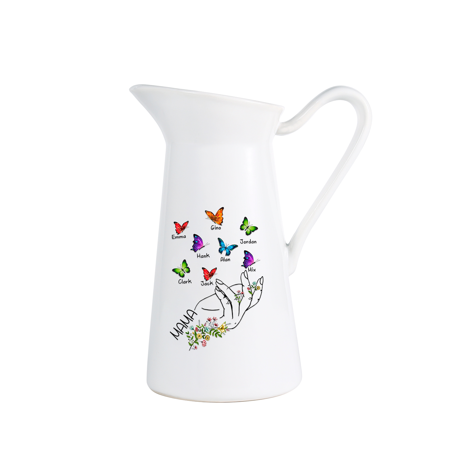 Personalisierte 8 Namen & Text Schmetterling in der Hand Gießvase mit Henkel Familie Vase