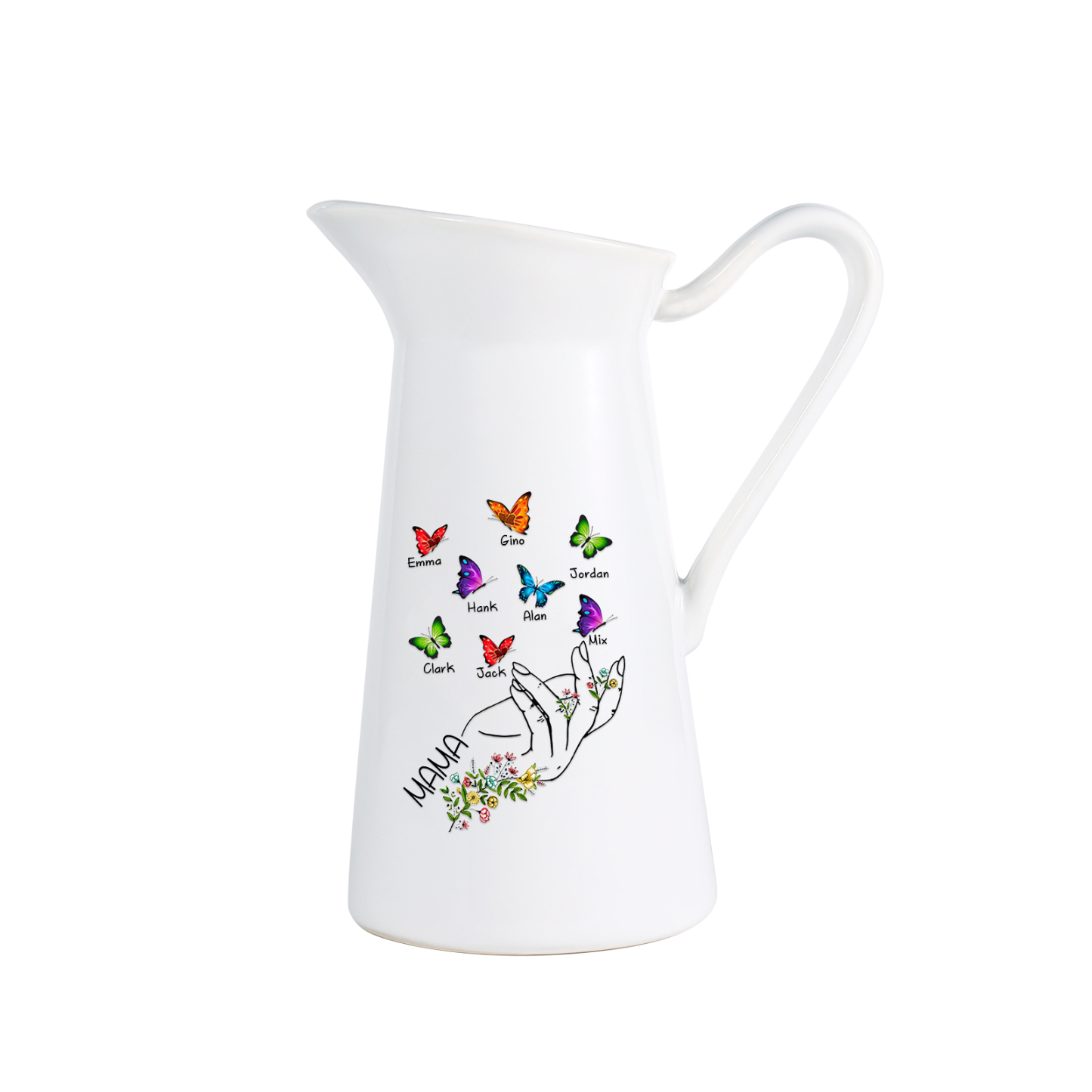 Personalisierte 8 Namen & Text Schmetterling in der Hand Gießvase mit Henkel Familie Vase