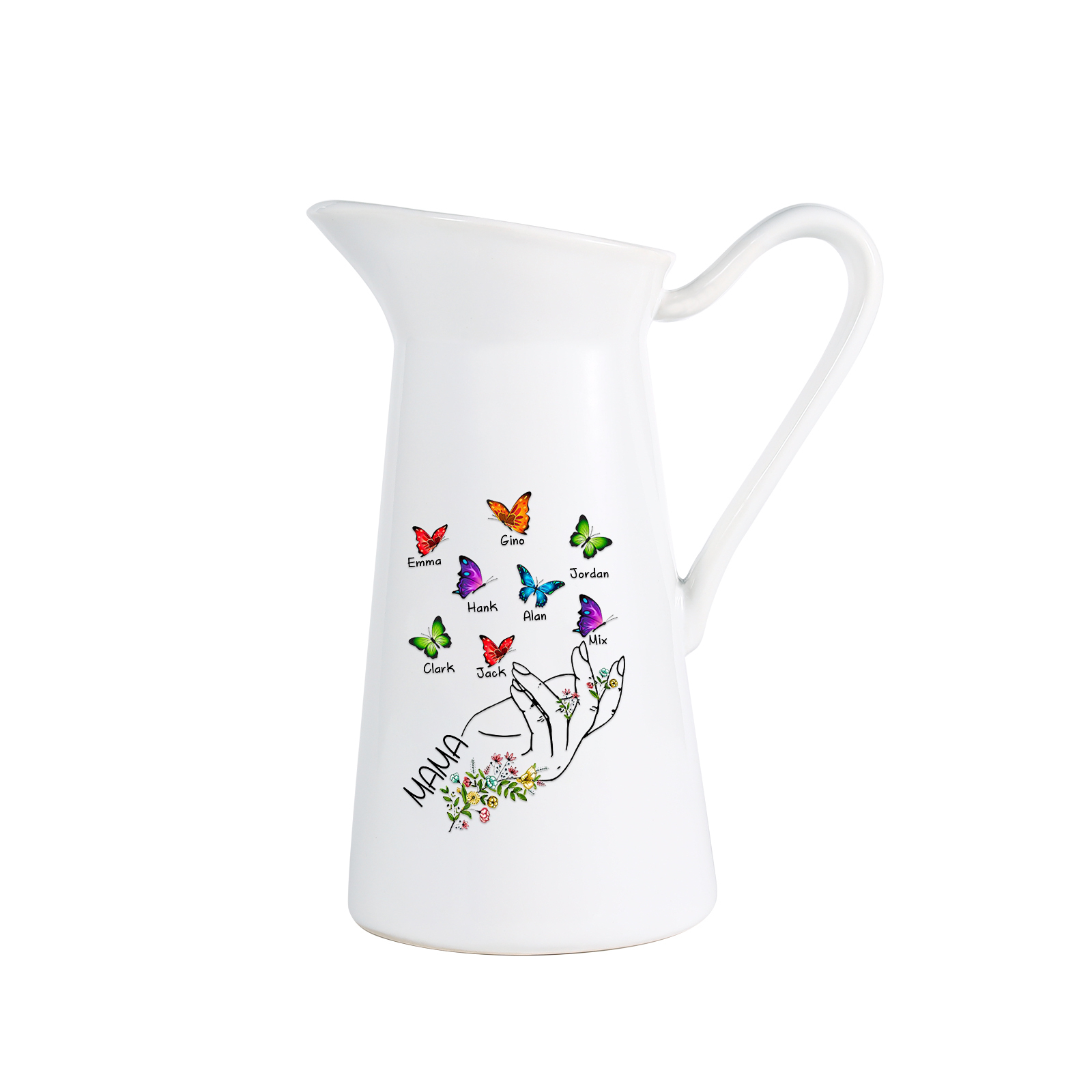 Personalisierte 8 Namen & Text Schmetterling in der Hand Gießvase mit Henkel Familie Vase