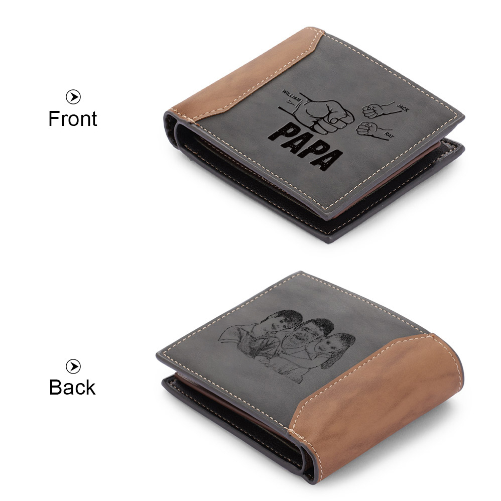 Herren Personalisiertes Foto & 3 Namen Papa Faust Grau Leder Geldbörse-Geschenk für Vater