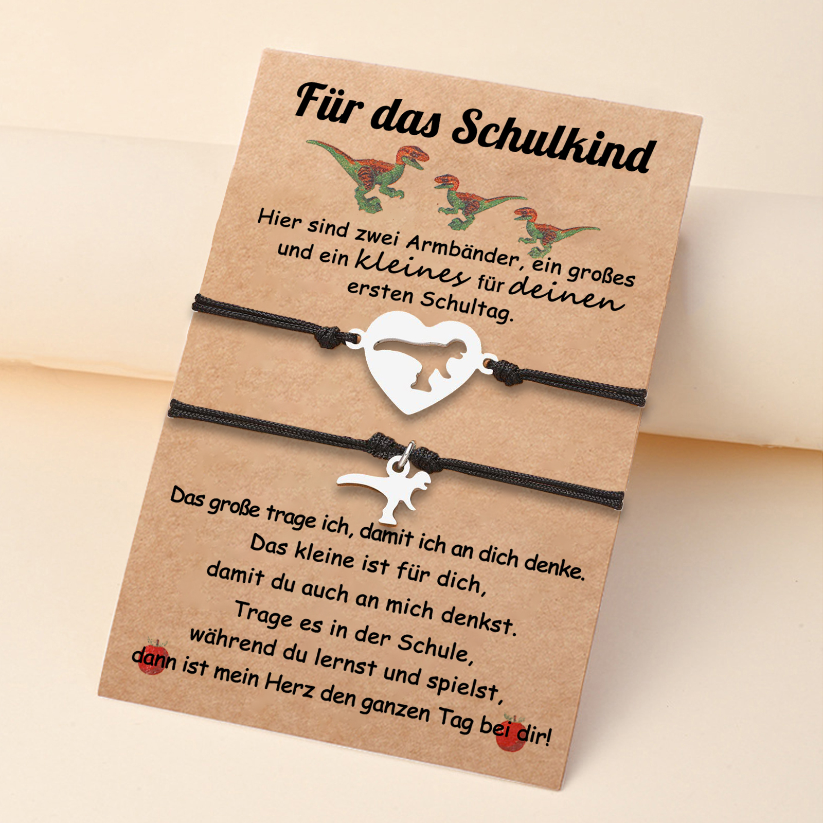 Dinos Armbänder Set mit 2 Ketten-Für das Schulkind-Schulanfang Geschenk mit Nachrichtenkarte