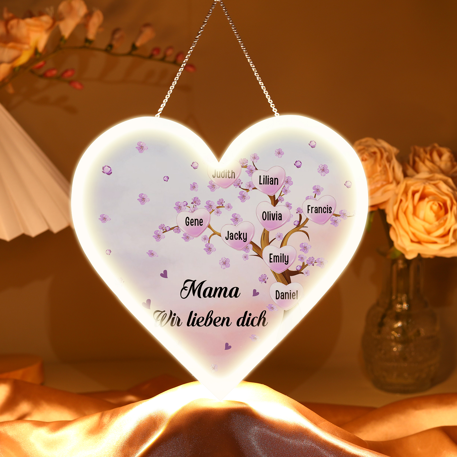 Personalisierte 8 Namen & Text Pflaumenblüte Herz Ornament Licht Acryl Hängender Geschenk für Mutter